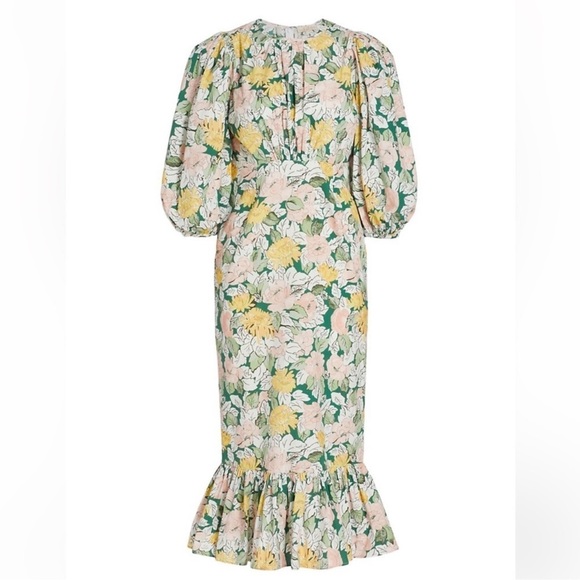 byTiMo Dandelion Floral Print Ruffle Cotton Puff Sleeve Midi Dress. - Picture 10 of 11
